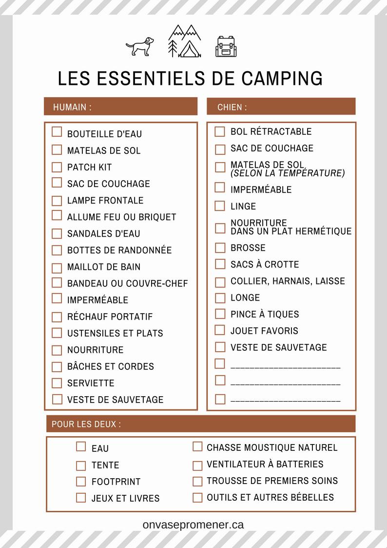 Une liste bilingue des essentiels de camping pour les humains et les chiens.