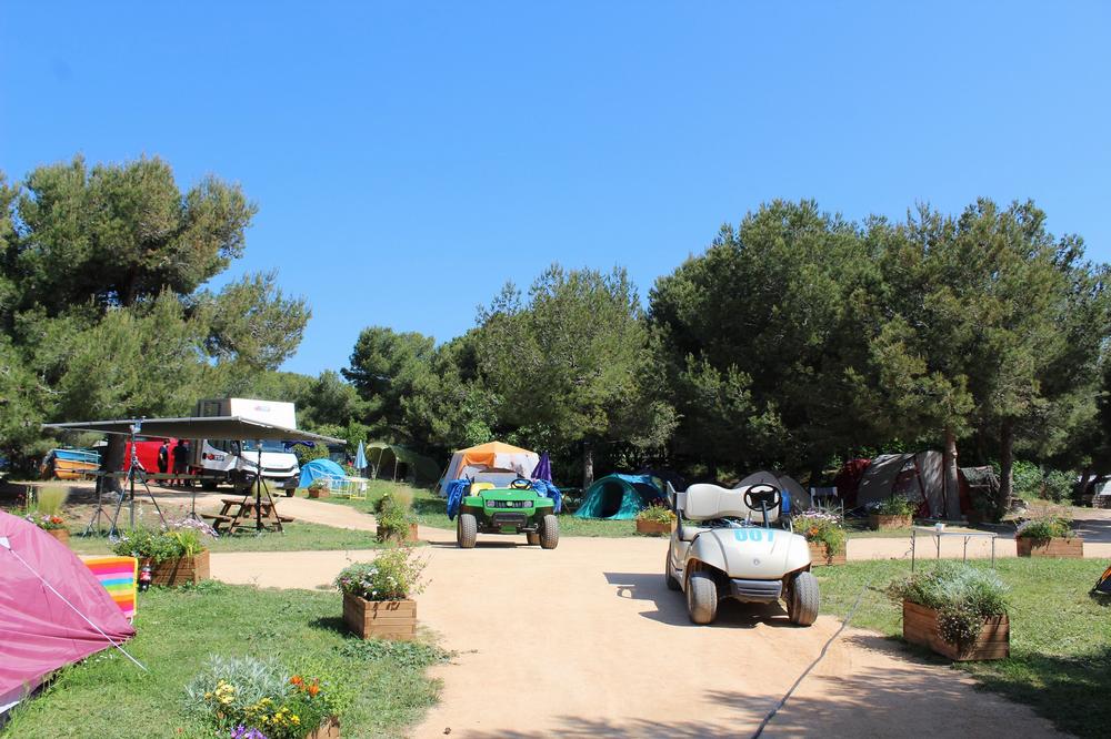 Une image dun camping avec des tentes, des caravanes et des arbres.