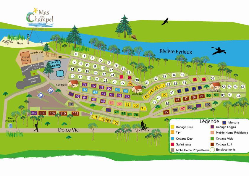 Le plan du camping Mas de Champel avec les différents types dhébergements proposés.