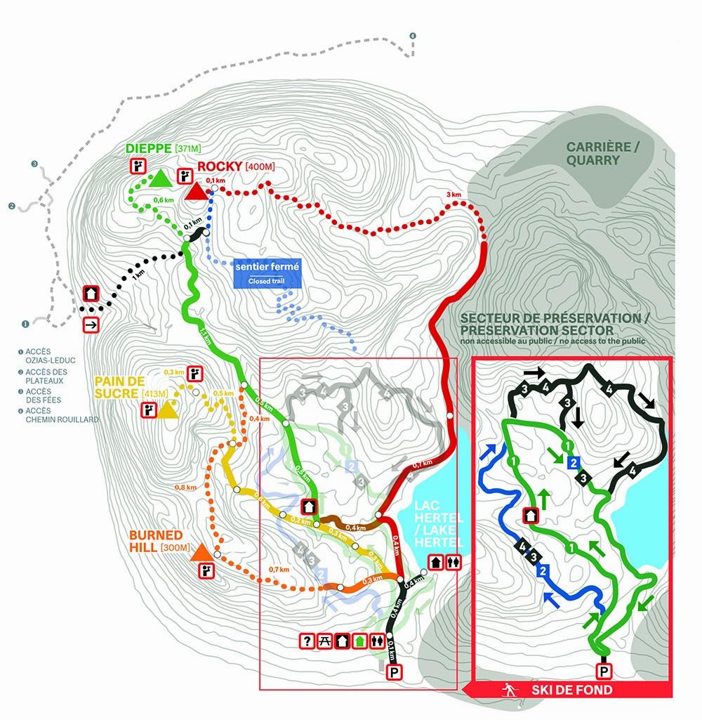 Une carte des sentiers du Parc national du Mont-Orford avec les différents points daccès, les sentiers et les points dintérêt.