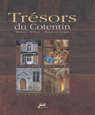 Une couverture de livre avec le titre Trésors du Cotentin, et quatre images de lieux historiques.