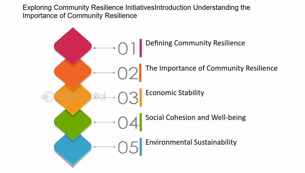 Une image montrant les cinq piliers de la résilience communautaire : Définition de la résilience communautaire, Importance de la résilience communautaire, Stabilité économique, Cohésion sociale et bien-être, Durabilité environnementale.
