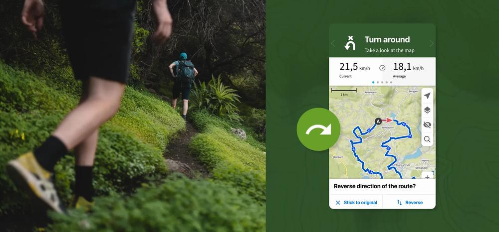 Une image montrant un homme en train de courir sur un sentier forestier, avec une carte de randonnée sur son téléphone indiquant litinéraire à suivre.