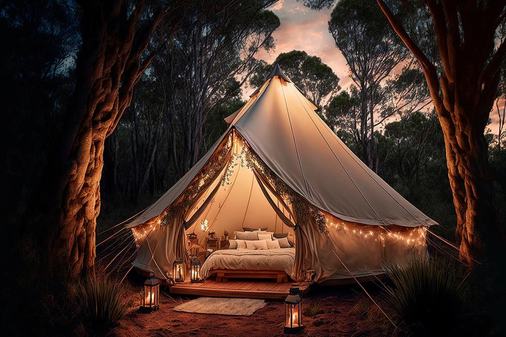 Une tente de luxe dans les bois avec un lit, des lanternes et une guirlande lumineuse.