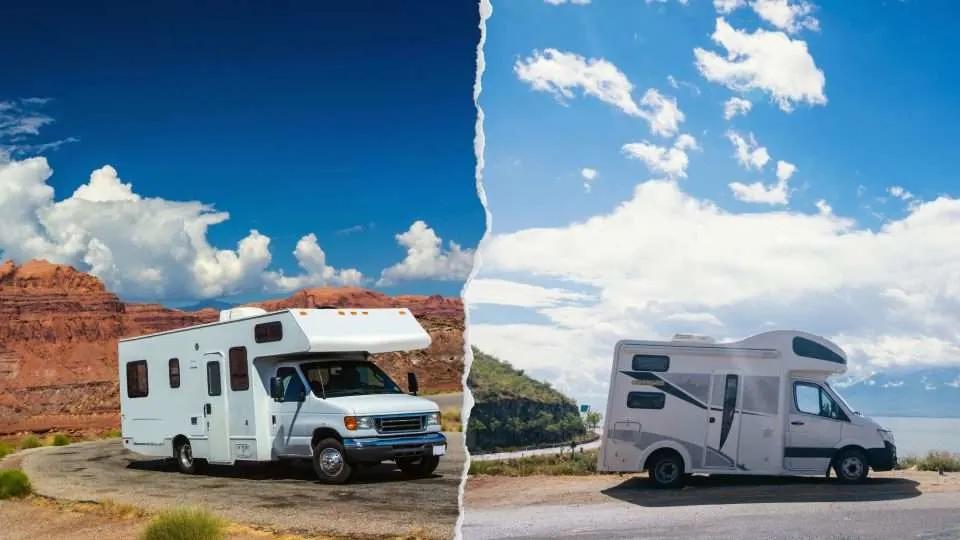 Une image divisée en deux parties, montrant un camping-car dans un paysage désertique et un camping-car dans un paysage urbain.