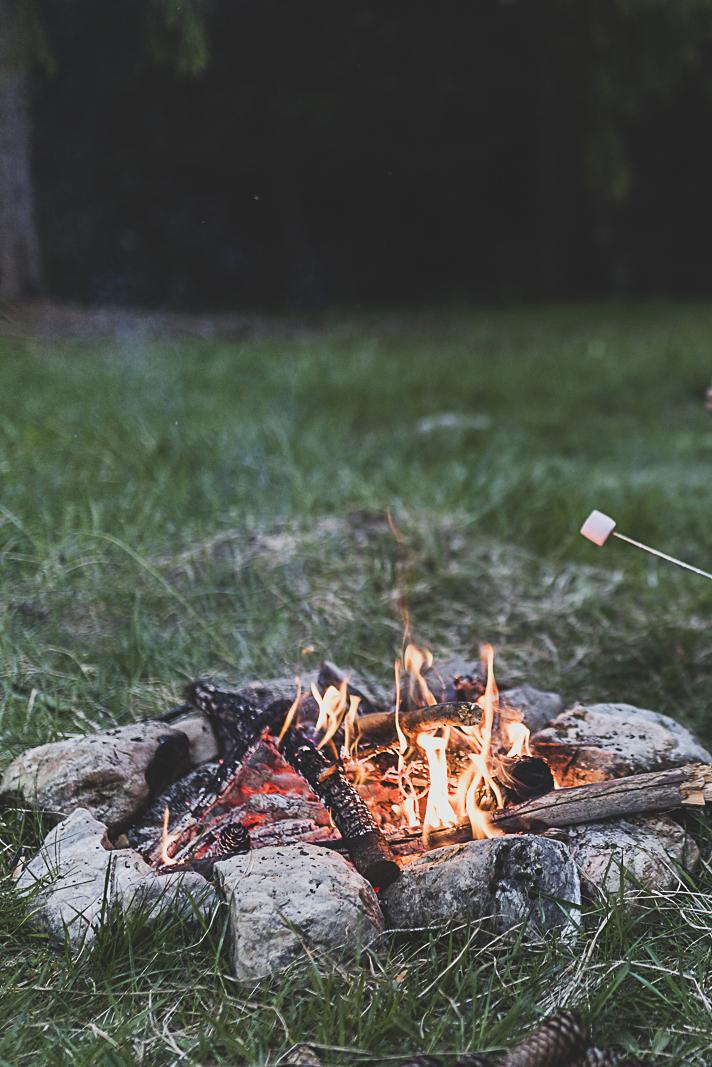 Une guimauve grillée sur un feu de camp.