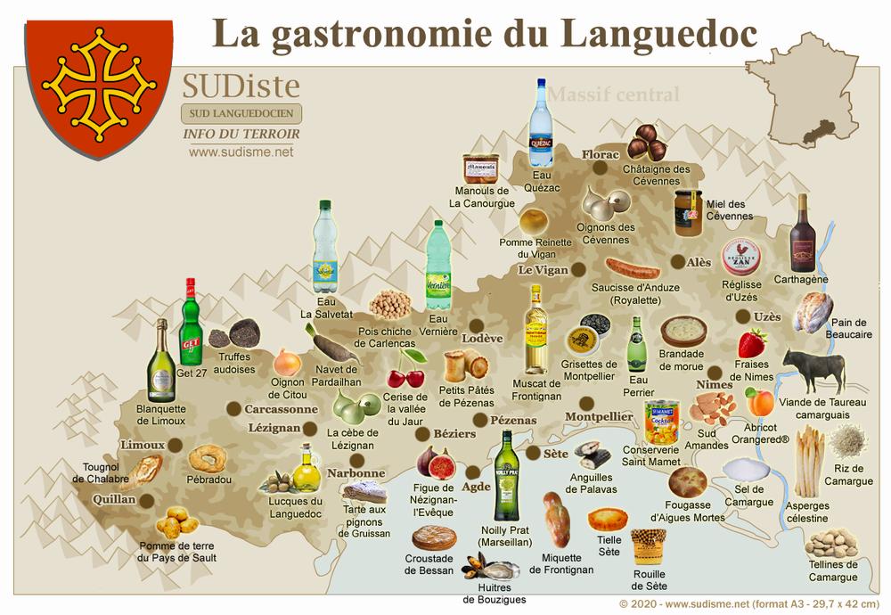 Une carte de la gastronomie du Languedoc avec les principales spécialités culinaires de la région.