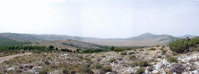 Une image panoramique dun paysage désertique avec des montagnes en arrière-plan.