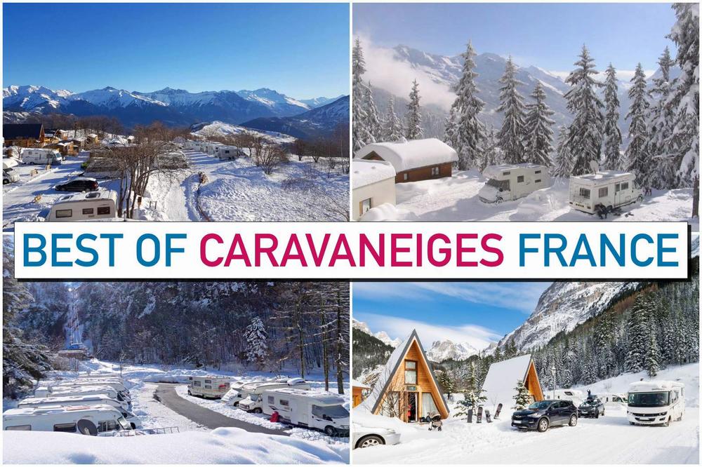 Une image montrant des caravanes et des camping-cars dans des paysages enneigés en France.