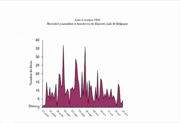 Le graphique montre le nombre de décès quotidiens de Juifs belges déportés à Auschwitz entre août et octobre 1942.