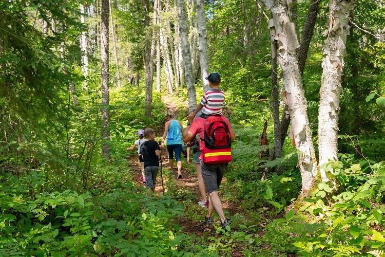 Une famille de cinq personnes marche sur un sentier dans les bois.