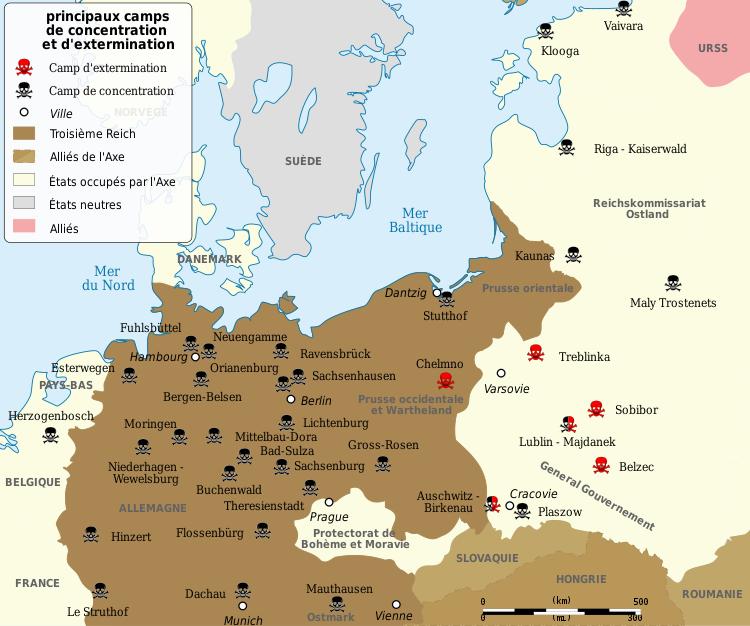 Carte des principaux camps de concentration et dextermination nazis en Europe.