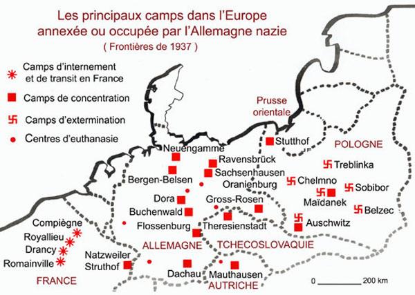 Carte des principaux camps de concentration nazis en Europe.