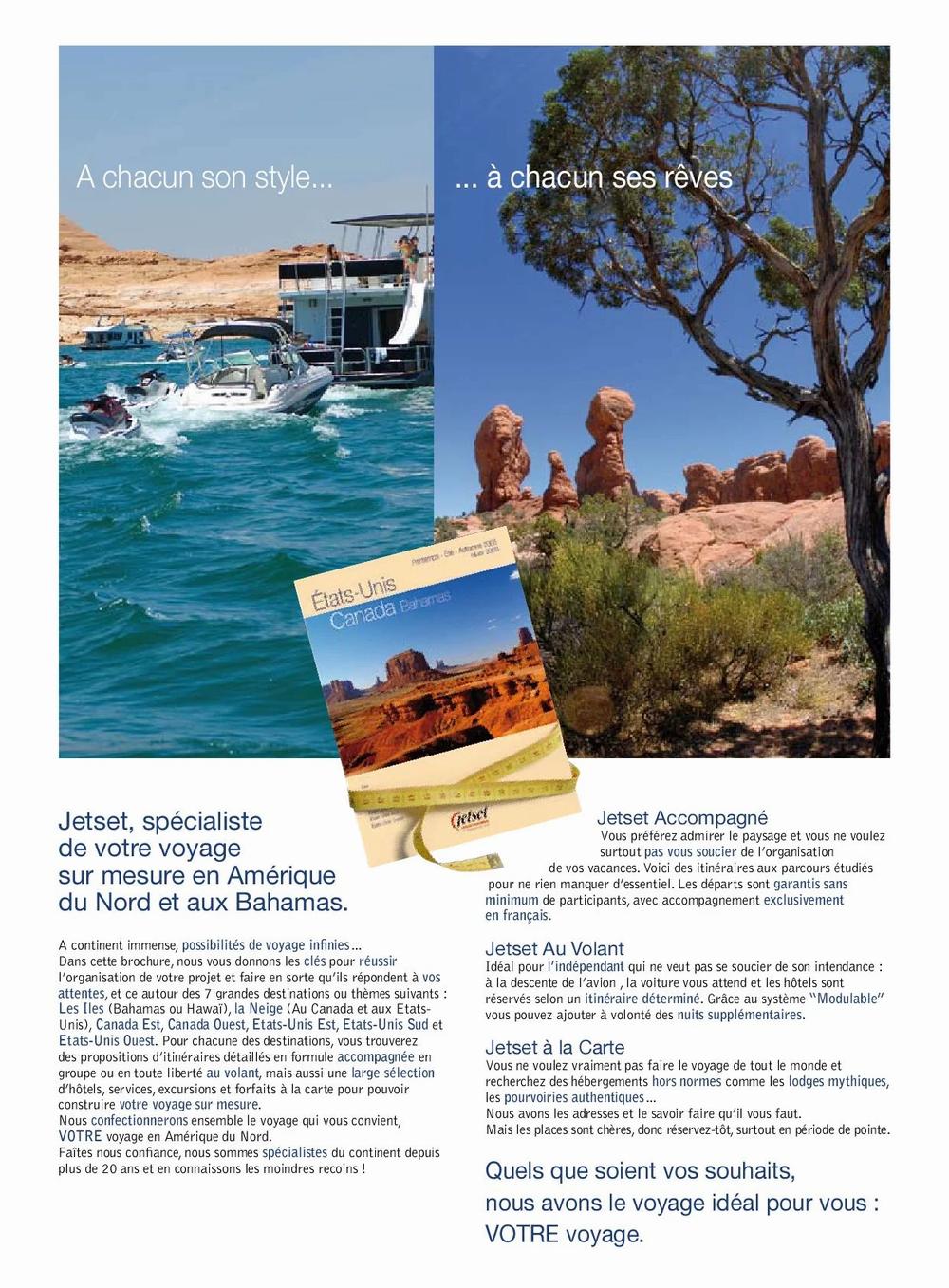 Limage montre une brochure de voyage avec des informations sur les voyages sur mesure en Amérique du Nord et aux Bahamas.