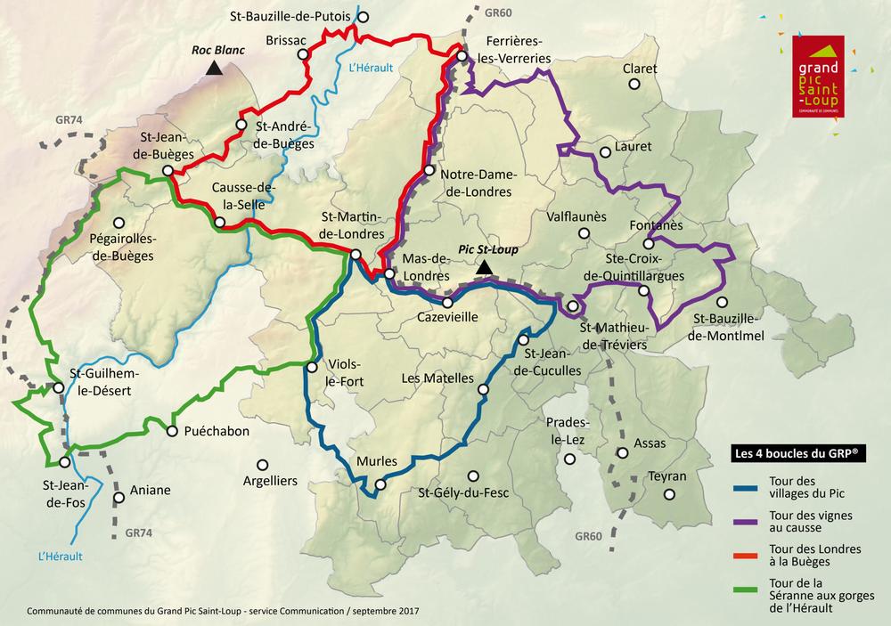 Carte des 4 boucles du GRP® : tour des villages du Pic, tour des vignes au causse, tour des Londres à la Buèges et tour de la Séranne aux gorges de lHérault.