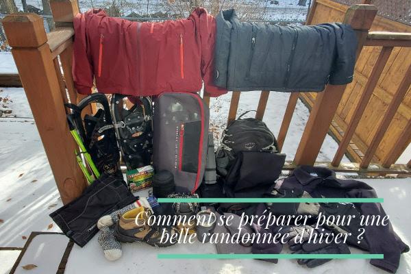 Voici une image montrant des vêtements dhiver, des raquettes et un sac à dos, avec la question Comment se préparer pour une belle randonnée dhiver ?