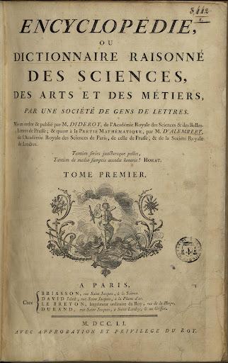 Une page de titre de lEncyclopédie, ou Dictionnaire raisonné des sciences, des arts et des métiers, une encyclopédie française du XVIIIe siècle.