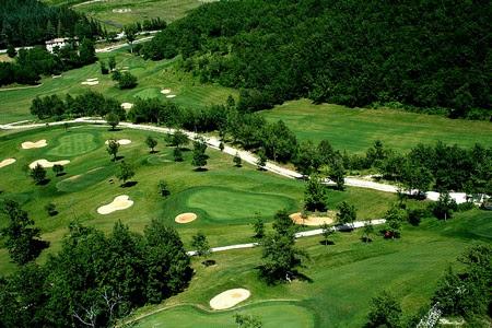 Une vue aérienne dun terrain de golf verdoyant avec des arbres et des bunkers.