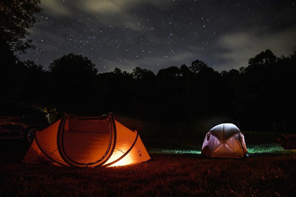 Deux tentes sont installées dans une clairière, sous un ciel étoilé.