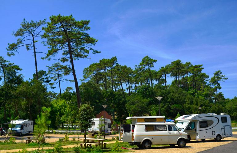 Une aire de camping-car avec des arbres et des tables de pique-nique.