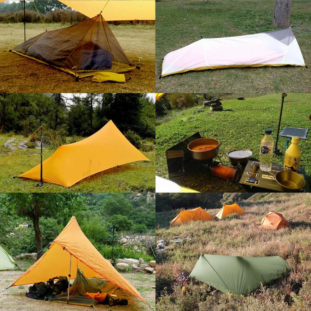 Une image montrant différentes tentes de camping légères et des équipements de randonnée.