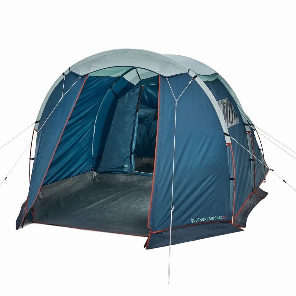 Une tente de camping bleue et verte avec deux chambres et un auvent.