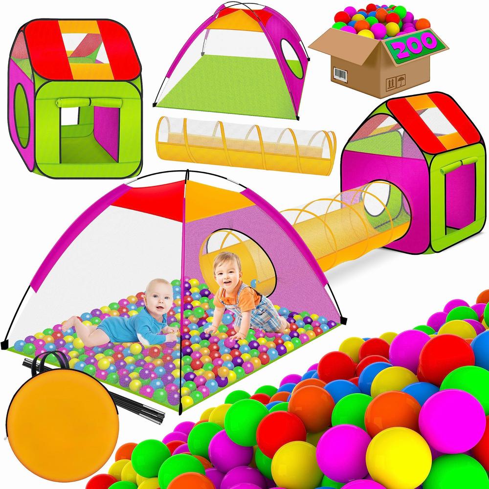 Une tente de jeu pour enfants avec une piscine à balles et un tunnel.