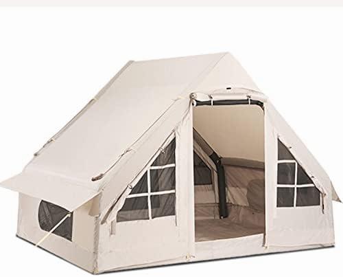 Une tente de camping en toile de coton avec une porte dentrée et deux fenêtres.