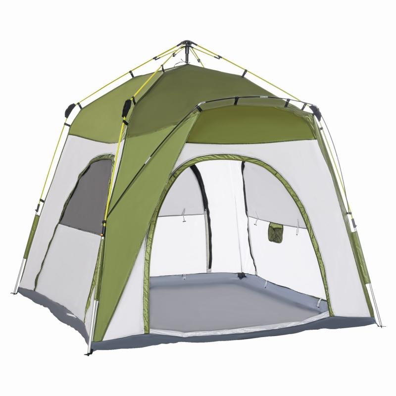 Une tente de camping verte et carrée avec une porte moustiquaire.