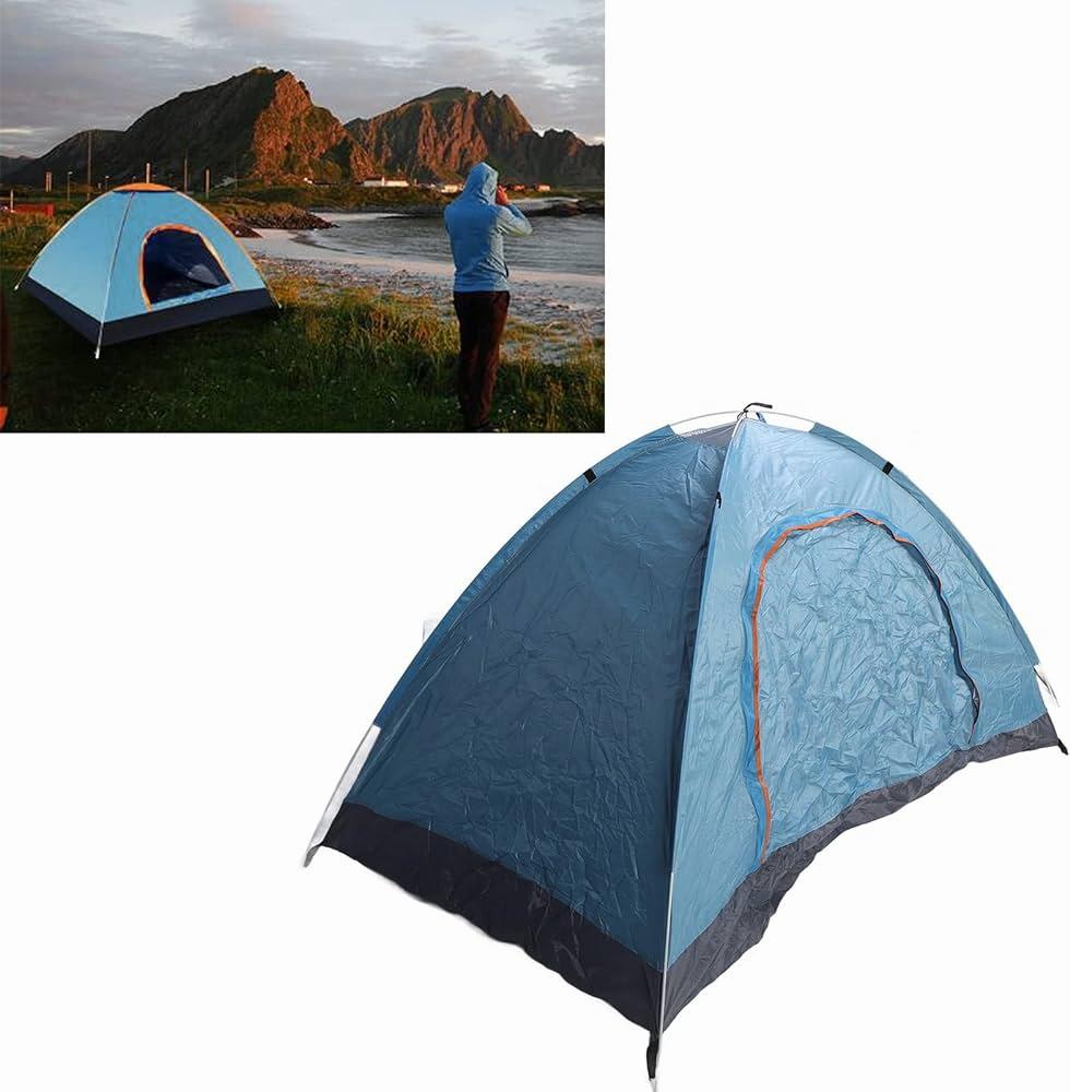 Une tente de camping bleue et orange avec une porte enroulable.