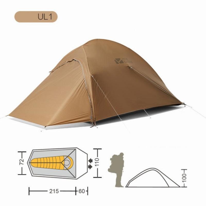 Une image montrant une tente de camping légère et compacte de couleur marron avec des dimensions de 215 x 110 x 72 cm.
