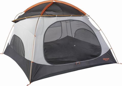 Une tente de camping spacieuse et légère avec une grande porte et une moustiquaire.