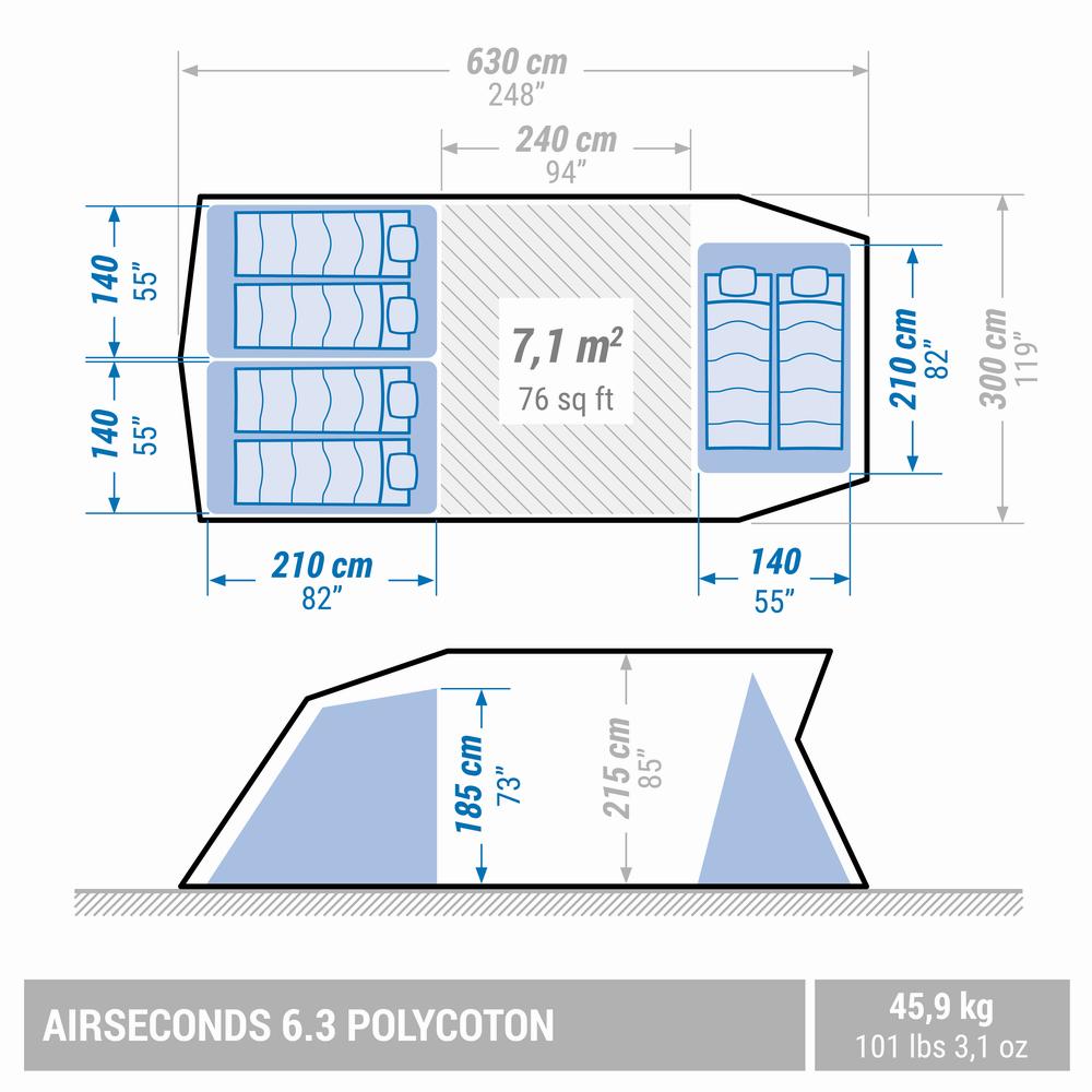 Une image du plan de la tente Air Seconds 6.3 en polyester-coton, indiquant ses dimensions.