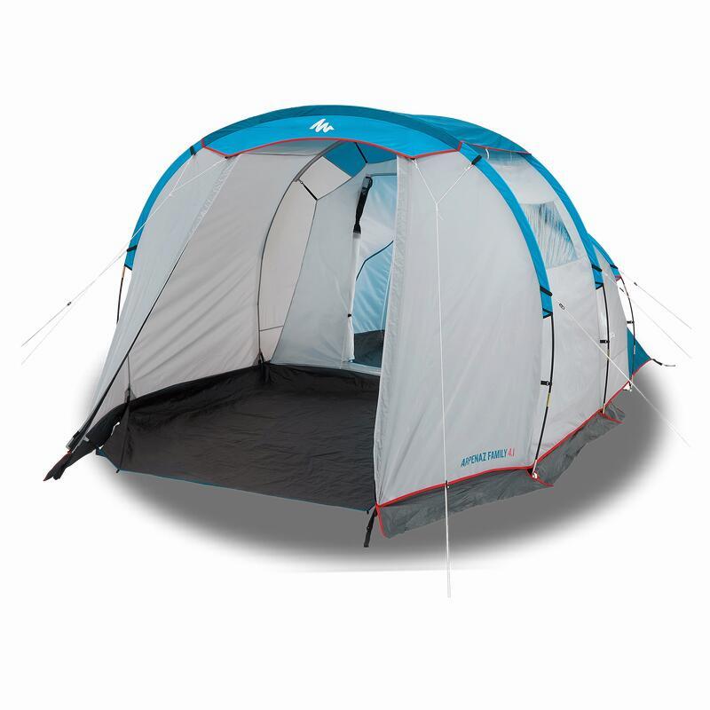 Une tente de camping bleue et grise avec deux chambres et un auvent.