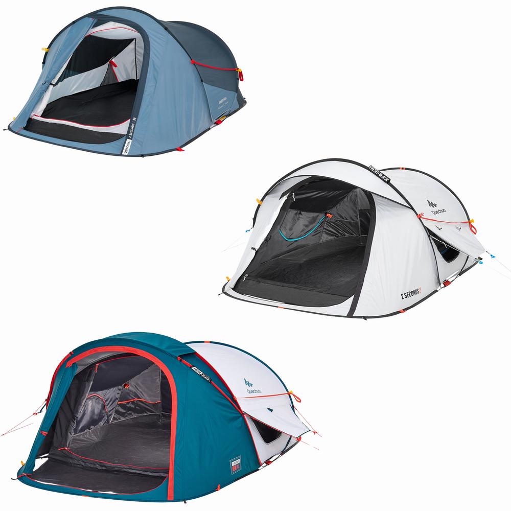 Trois tentes de camping de différentes couleurs et tailles.